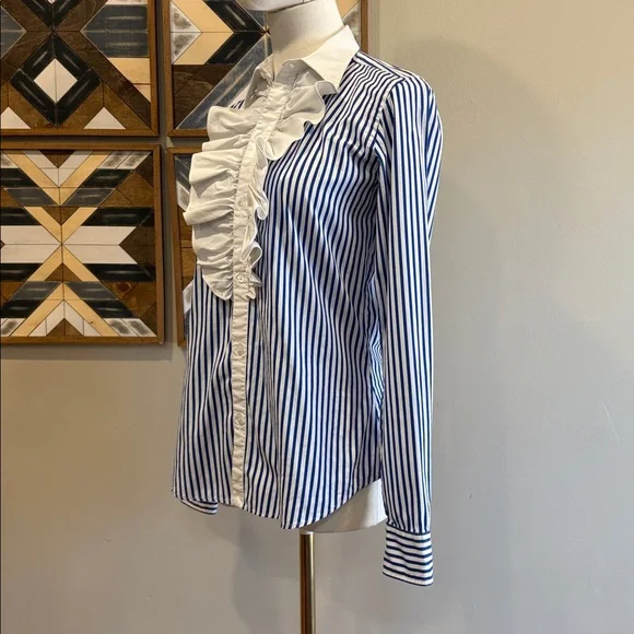 Ralph Lauren Vintage Blue and White Striped Button Up Ruffle Blouse size 4 - Picture 4 of 12